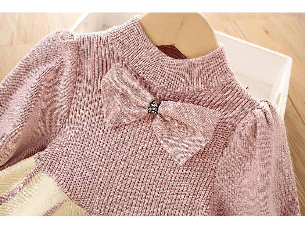 Rochie de iarnă tricotată cu fundă pentru fete, din lână, cu mâneci bufante - Stil coreean