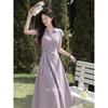 Women's Purple Polo Neck Tie-Waist Long Dress