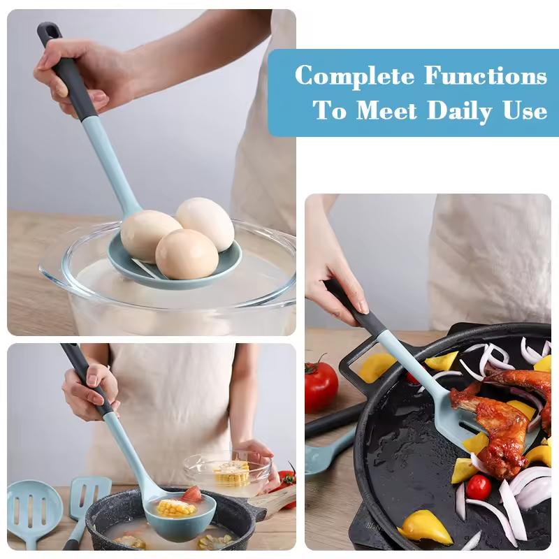 Silicone Kitchen Utensil Set with 3pcs Spatula, Slotted Spoon, Rice Scoop, Non-Stick Pan Turner, and Soup Ladle , Essential Cooking Tools
