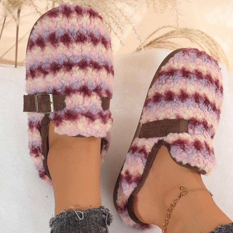 Mote Mote Stripete Bomullstøfler Kvinner Lukket Tå Slip On Plysjtøfler Kvinne Vinter Innendørs Sklisikre Varme Plysjtøfler Dame