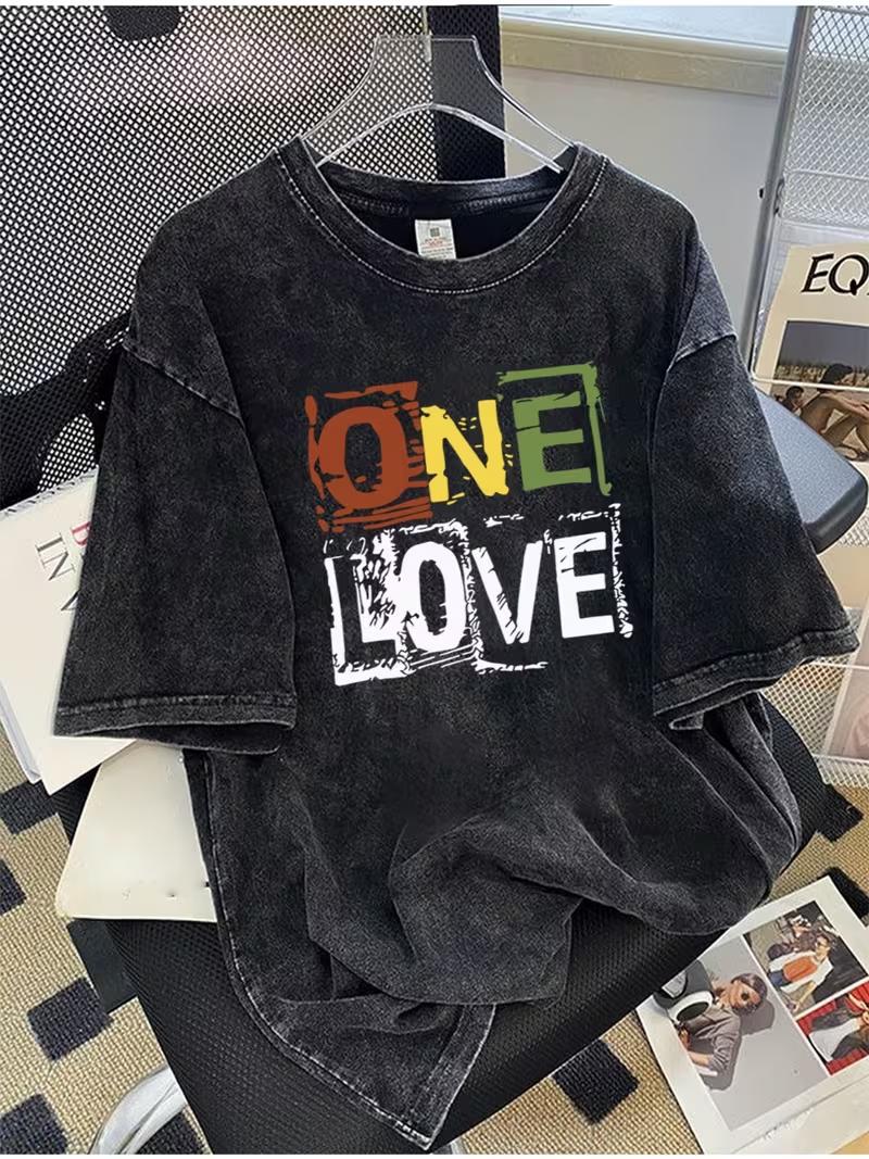 

Vintage Washed One Love Graphic TShirt for Men Women Casual Short Sleeve Crew Neck Retro Streetwear Oversized Tee S