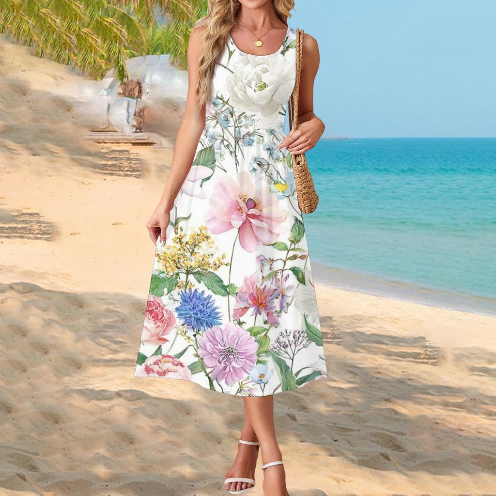 Sleeveless Maxi Dress with Scoop Neck and Floral Print Loose Fit Casual Long Dress for Women Summer Beachwear