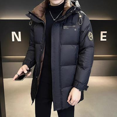 Pánský dlouhý jednobarevný péřový kabát s kapucí pro volný čas Zimní zateplený kabát pro muže Parka Plus Size