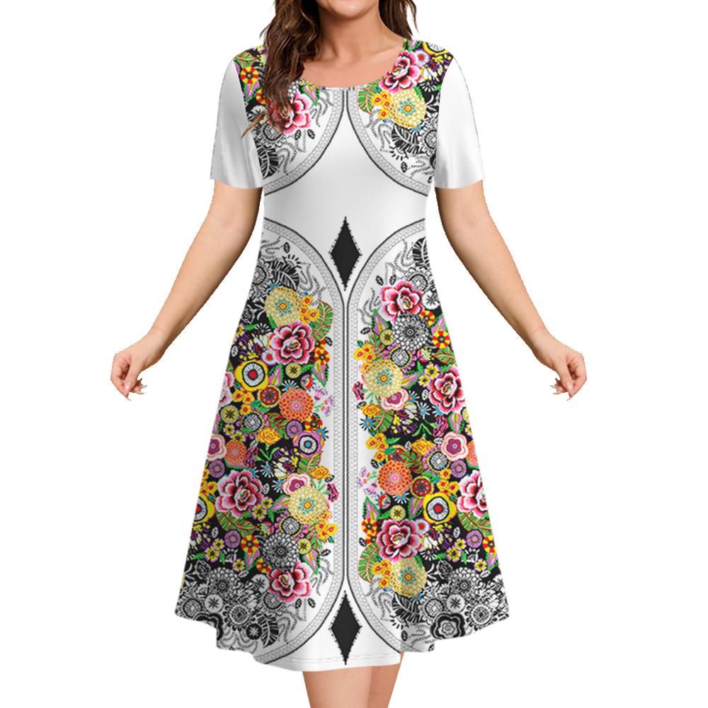 Ethnic Style Women's A-line Skirt Summer Fashion Casual Dress Flower Clothes Ladies Loose Casual Round Neck Dress
