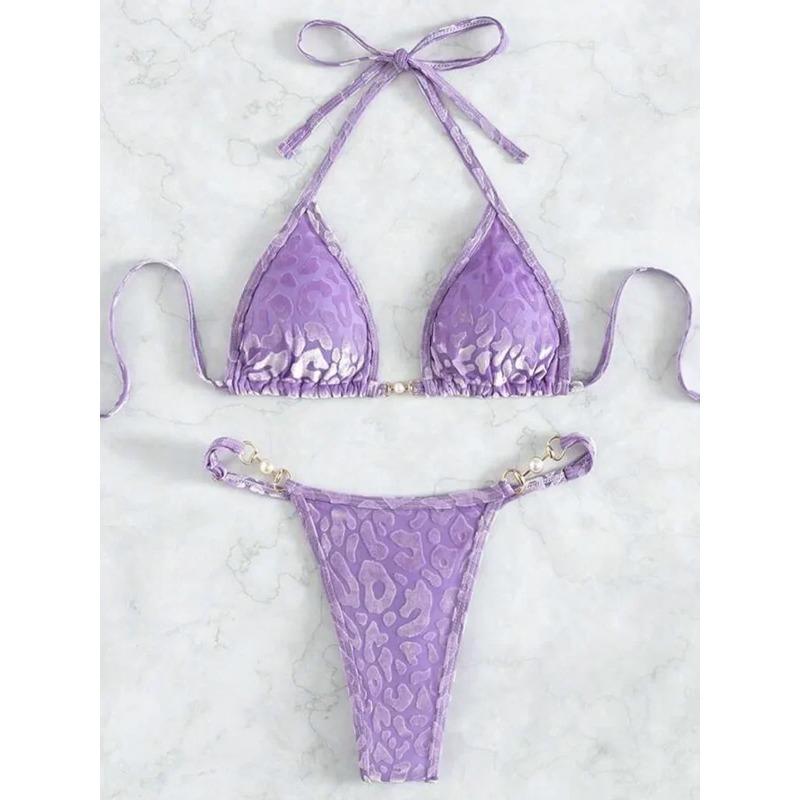 Sexy Leopard Samt Bikini Mini Mikro String Bikinis Damen Bademode Weiblicher Badeanzug Zweiteiliges Bikini-Set Neckholder Badeanzug Swim