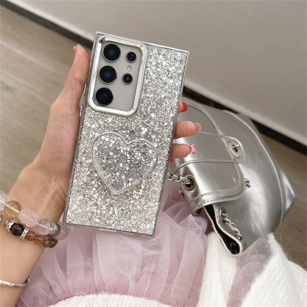 

Sparkly Heart Stand Holder Case For Samsung Galaxy S25 S24 S23 S22 Ultra Plus FE Full Plating Glitter Shockproof Cover Bumper Galaxy S25
