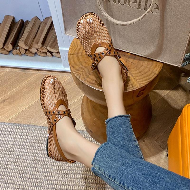 Fashion Fashion Cross Tied Belt Buckle Ballet Flats Women Comfortable Hollow Mesh Mary Jane Shoes Breathable Non-slip Beach Casual Shoes
