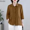Women Casual Turn Down Collar 3/4 Sleeve Retro Lace Splice Button Blouse