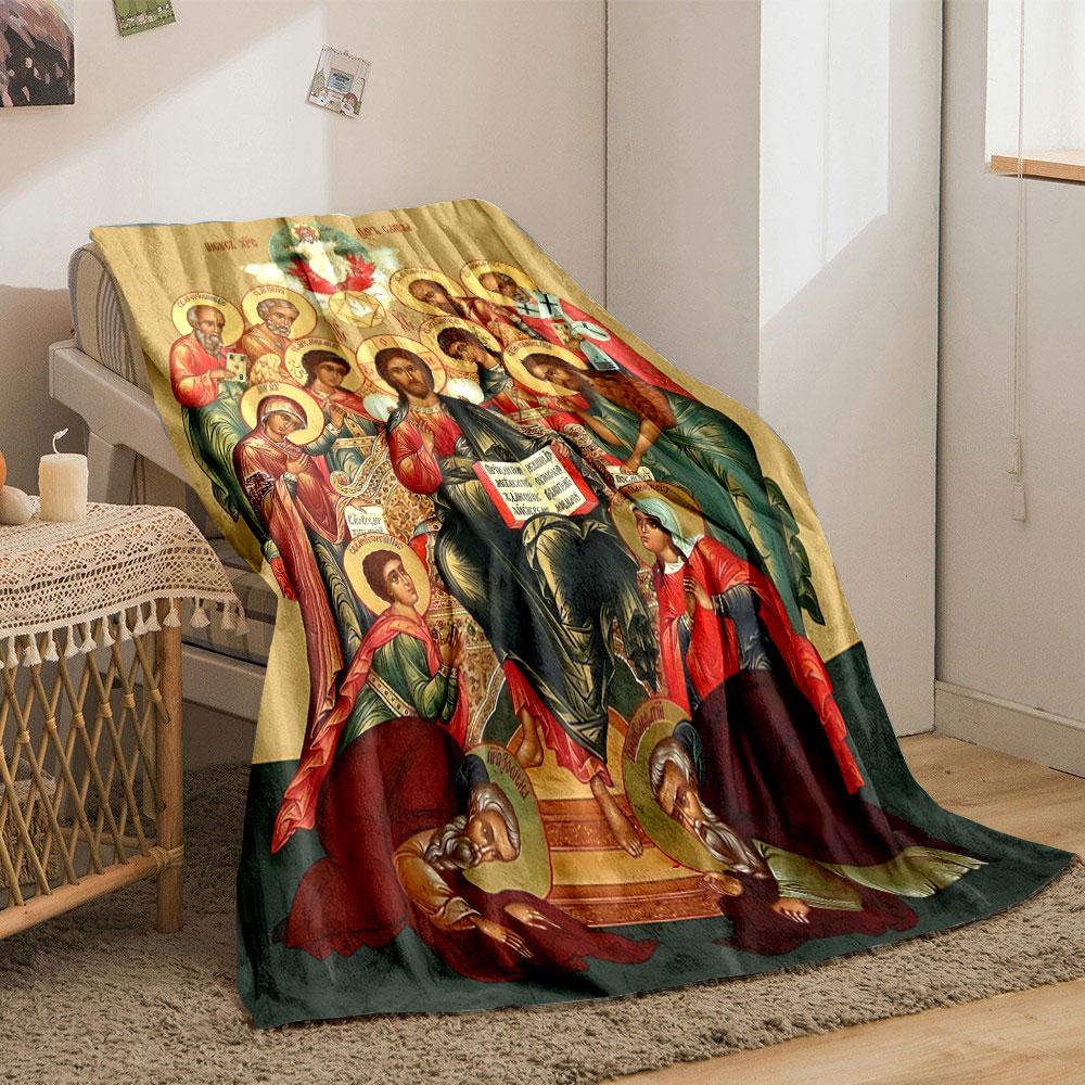A Central Seated Figure Surrounded by Halos, Angels, and Ornate Designs. for All Seasons Blanket Lunch Break Throw Gift