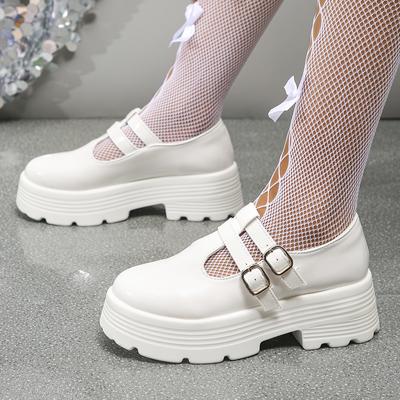 Mode Weiß Schwarz Klobige Plateaupumps Damen Knöchelschnalle Dicke Sohle Gothic Schuhe Frau Punk Style Lackleder Mary Jane Schuhe