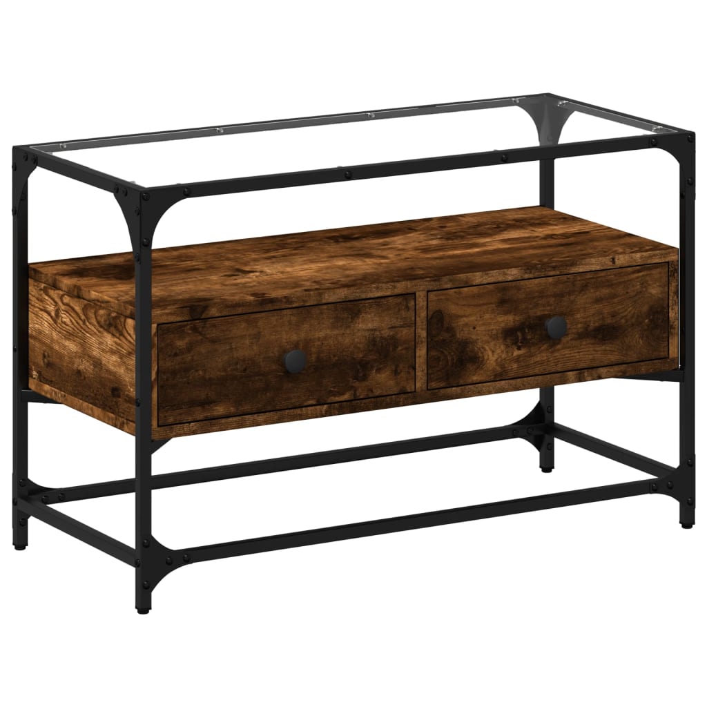 TV Stand with Glass Top Smoked Oak Finish 80 X 35 X 51 Cm Engineered Wood