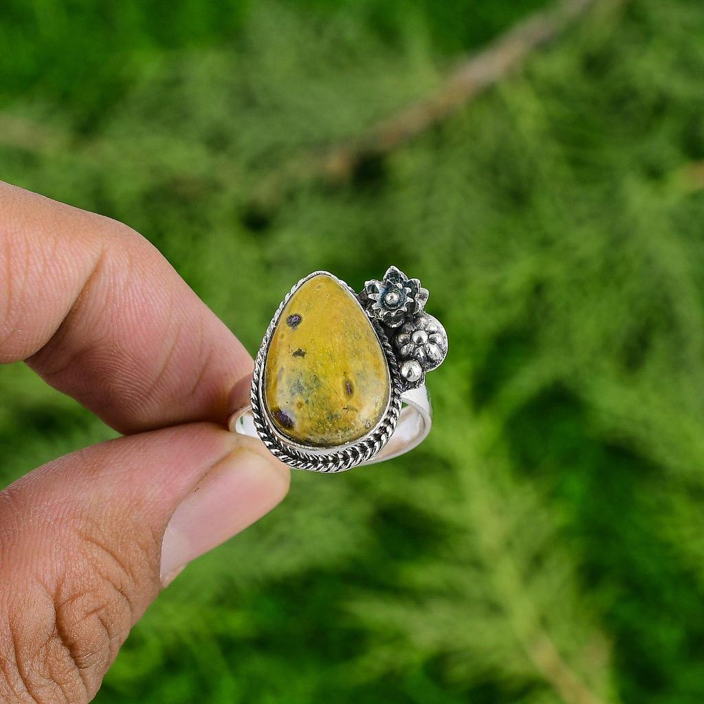 Gift For Her 925 Silver Natural Stichtite Promise Flower Adjustable Ring