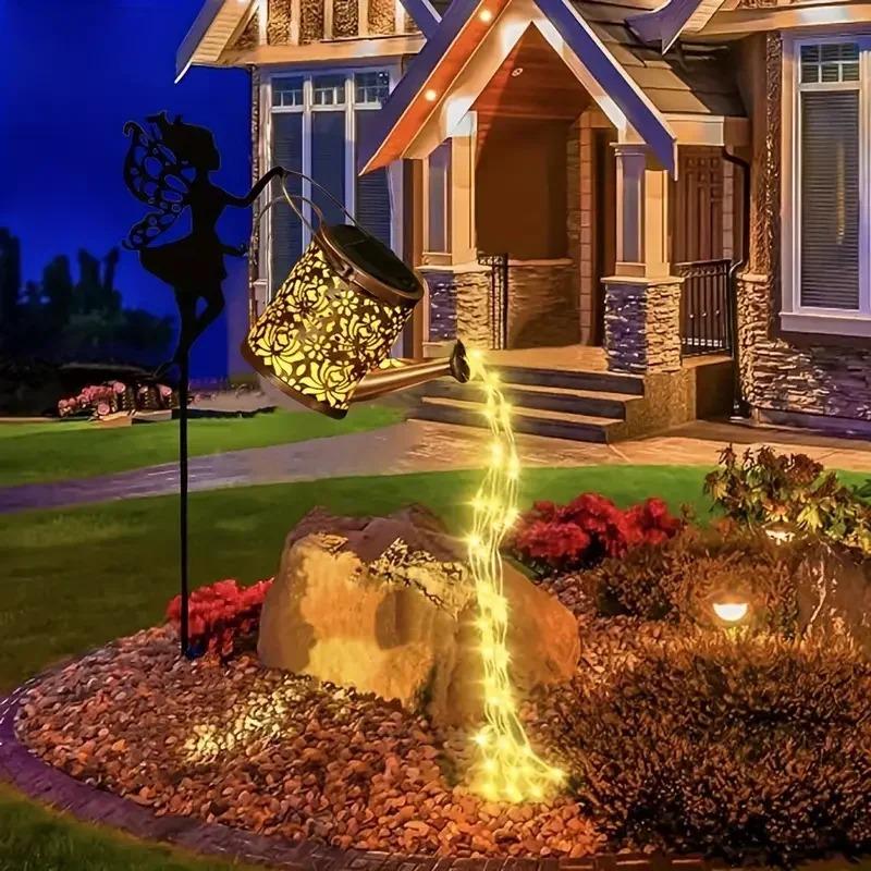 Solar Powered Watering Fairy Lights Vintage Metal Hanging Kettle Lantern Outdoor Garden Decor for Yard Patio Villa Decoration