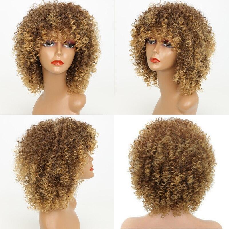 LISI HAIR Women's Short Afro Kinky Curly Wigs With Bangs Ombre Brown Synthetic Wig Black Daily Party Headgear with Clips