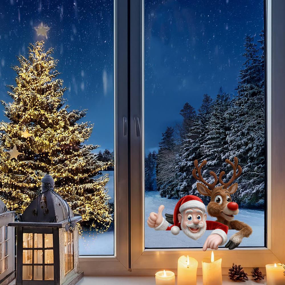 Merry Christmas Winter Decals,Santa Claus Reindeer Elf Car Window Stickers,Christmas Xmas Holiday Art Clings Decorations Accessories (Cartoon)