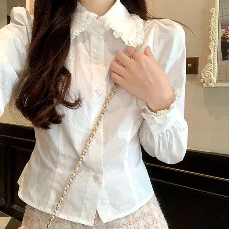 2025 Spring/Autumn Sweet Girly Slim-Fit White Puff Sleeve Top
