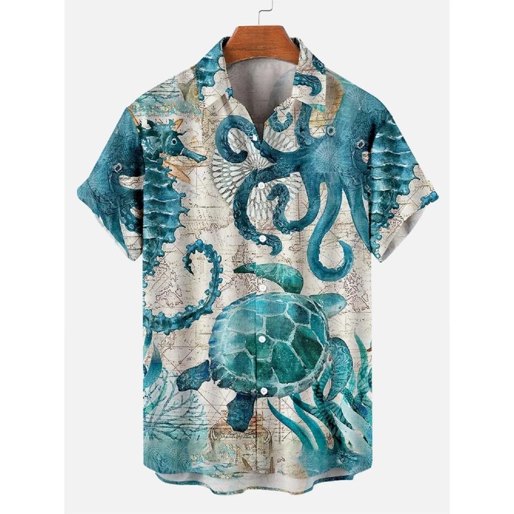 Men's Shirts Summer Hawaiian Casual Seaside Beach Tops Cartoon Planet Rocket Print Button Short-sleeve Oversized Shirts Chemise