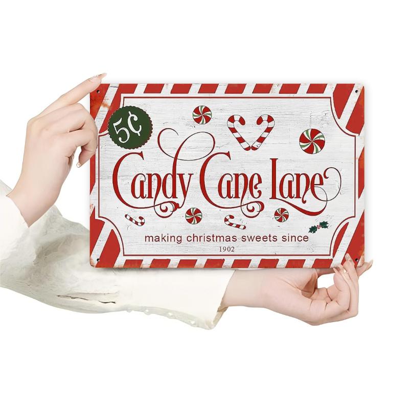 Christmas Decor Retro Christmas Metal Sign Candy Cane Lane Wall Decor Iron Poster with Red Stripes Festive Holiday Pl 20x30cm(7.8x11.8inch)