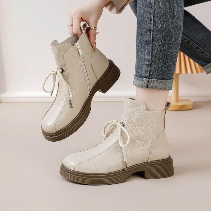 2025 Autumn Early Winter Genuine Leather Shoes Women Ankle Boots Soft Fashion Brand Ladies Party Shoes Plus Size 41 Beige Black