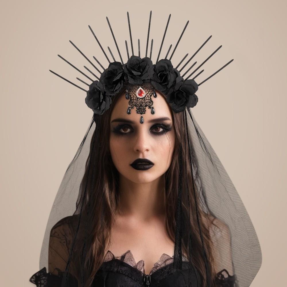 Rhinestone Halloween Headband Gothic Bride Hairband Headdress Veil Headband  Party
