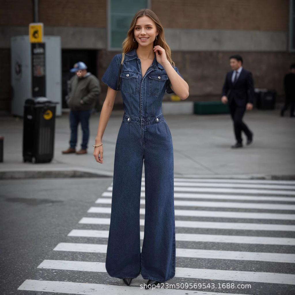 Europe, America, autumn and winter new women's denim jumpsuit fashion flip pocket button front jeans