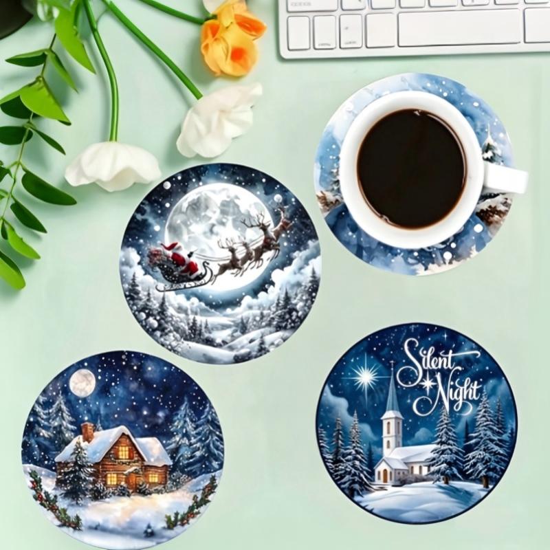 6/8 Stück Runde Holz-Untersetzer im Weihnachts-Design, Rutschfest und Hitzebeständig, Für Büro und Küche, Dekorative Tassenhalter, Geschenke