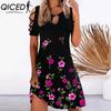 QICED 13 Color Women Floral Print Dress Summer Sexy Short Sleeve O-Neck Mini Dresses Female Vintage Elegant Dress