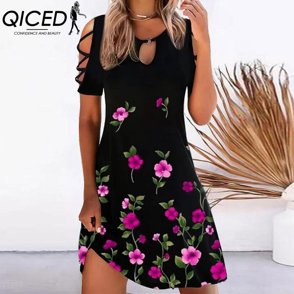 QICED 13 Color Women Floral Print Dress Summer Sexy Short Sleeve O-Neck Mini Dresses Female Vintage Elegant Dress