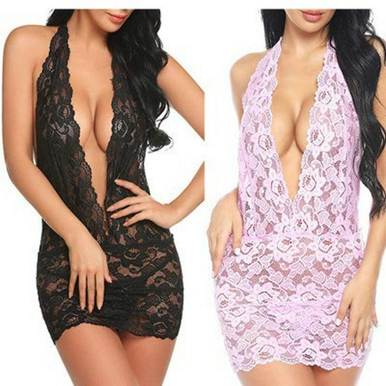 European & American Sexy Lace Halter Neck Hip-Hugging Nightgown