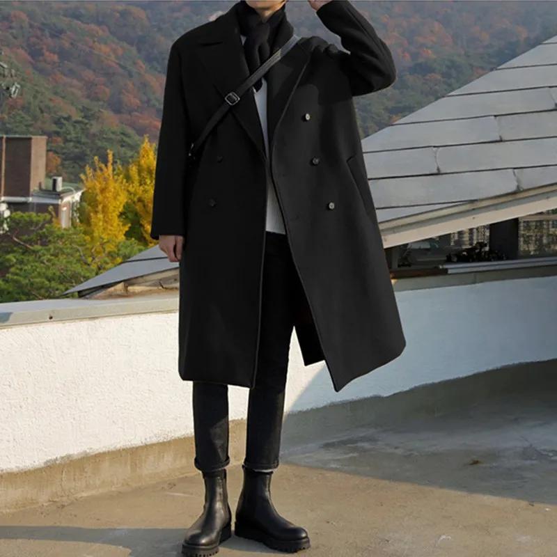 Men Fashion Woolen Trench Coats Korean Loose Casual Double Breasted Jackets Spring Medium Length Coat