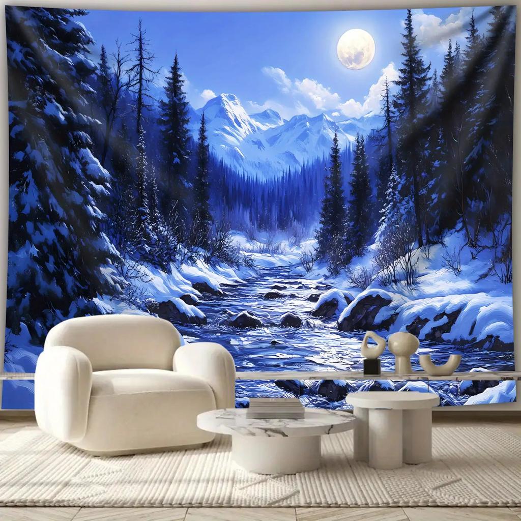 Winter Forest With Snowy Mountains Moon And River Wall Tapestry Art Decor For Boho Living Room Nature Home Interior