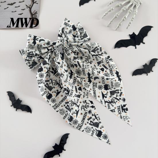Skull Hairpin Accessory Halloween Bow Spring Hair Clips for Women, Pumpkin Skeleton Ghost Hand Printed Holiday Party Clip Fabric Barrettes,
