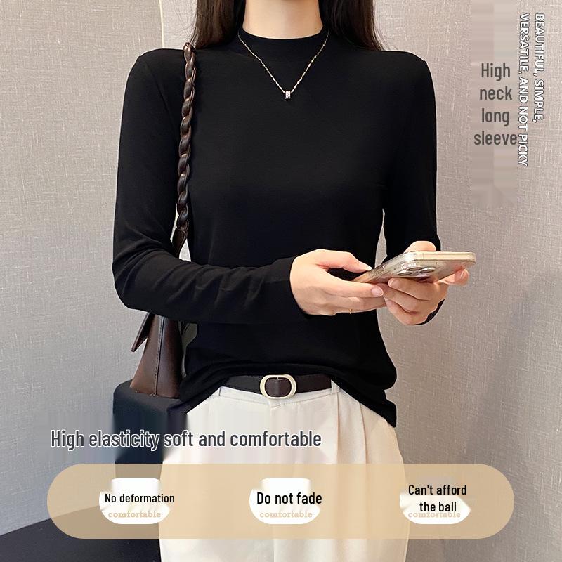 Women's Black Slim-Fit Long Sleeve Mid-Neck Top for Spring/Autumn
