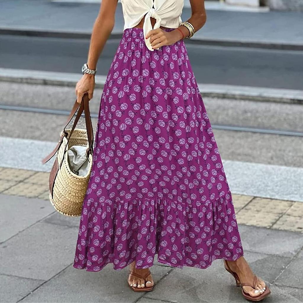 Women's Fashion Bohemian Print Elastic Waist Skirt Loose Casual High Waist Large Hemline Skirt