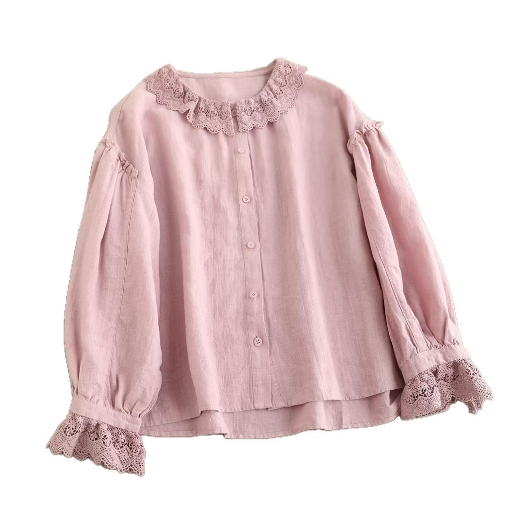 French Lace Patchwork Long Sleeve Doll Collar Linen Shirt
