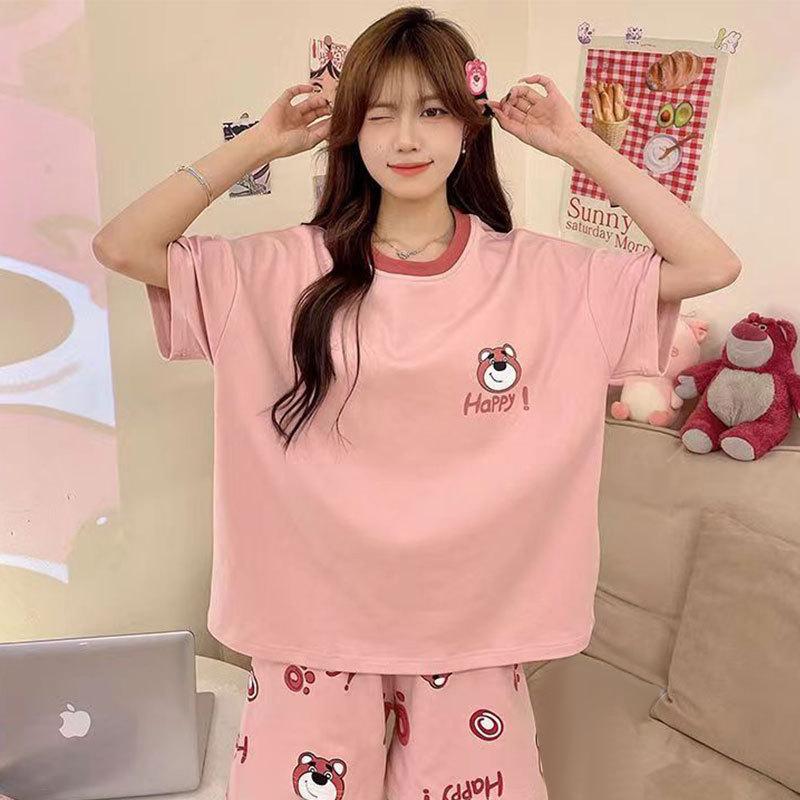 

Pajamas women s summer cotton short-sleeved cropped pants can be worn outside, sweet casual large-size air-conditioned room loungewear set female xxl
