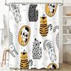 Modern Cartoon Print Shower Curtain Cute Cats Dogs Bath Decoration Set for Home Bathroom Decor in White Gray Yellow Black Stripe