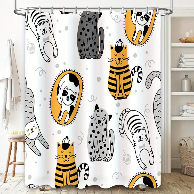 Modern Cartoon Print Shower Curtain Cute Cats Dogs Bath Decoration Set for Home Bathroom Decor in White Gray Yellow Black Stripe
