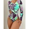 Long Sleeve Tropical Leaf Print Cutout One Piece Swimsuit Modest Bathing Suit