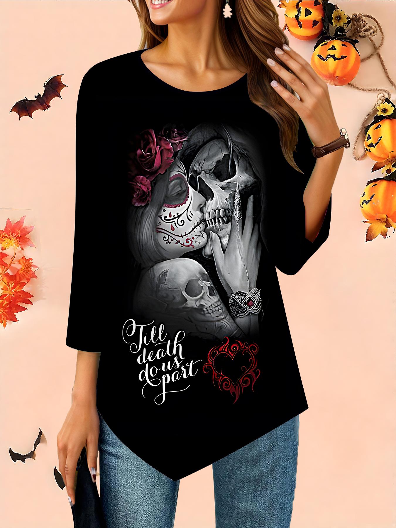 

Женская свободная футболка с круглым вырезом и рукавом три четверти, 3D-рисунок на Хэллоуин, идеальный подарок на Хэллоуин и Рождество XS чёрный