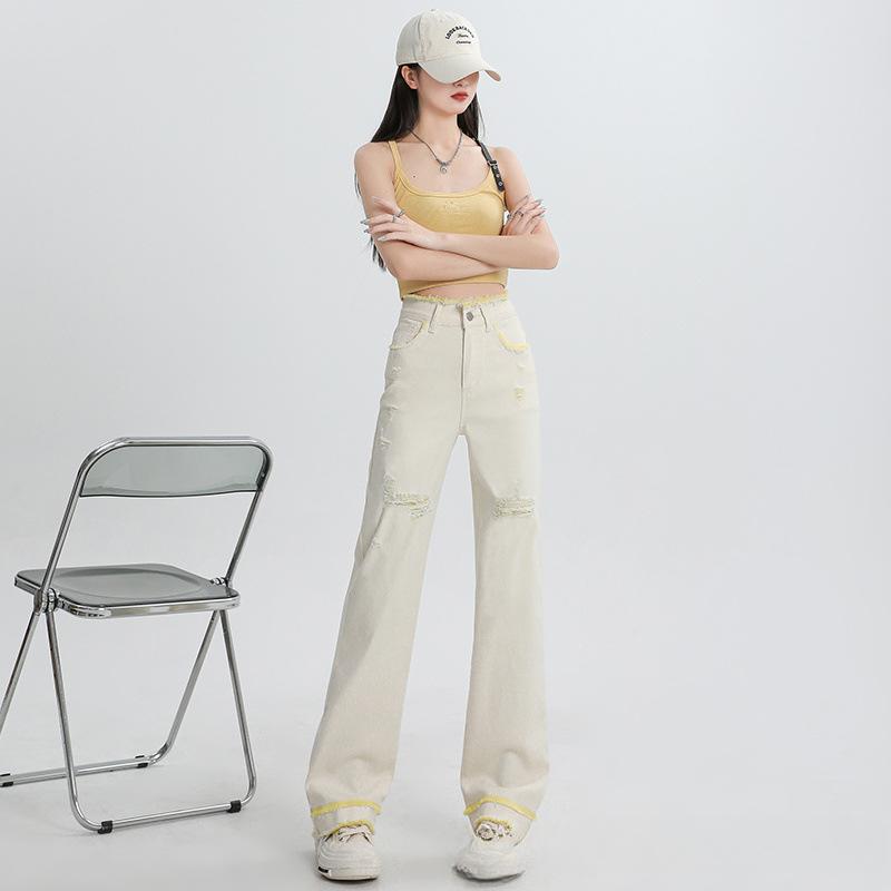 

Контрастные джинсы с рваными краями для женщин на лето, ниспадающие узкие широкие брюки, высокая посадка, облегающие, прямые брюки в пол XXL