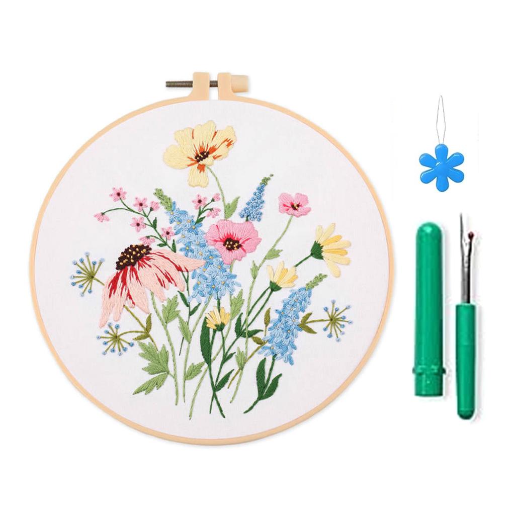 Embroidery Starter Kits with Pattern and Instructions Cross Stitches Set Flower Plant Stamped Embroidery Hoop Needlework