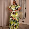 European and American Short-sleeve Printed Lace-up Slim Fit Top for Women, African New High-waisted Wide-leg Pants Set