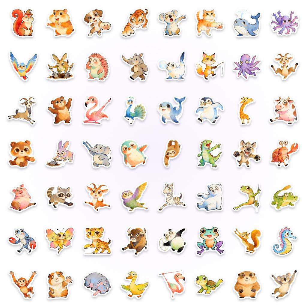 50 Watercolor Fun Cute Pet Animal Stickers Multi-Healing Animal Hand Account Mobile Phone Computer Decoration Material