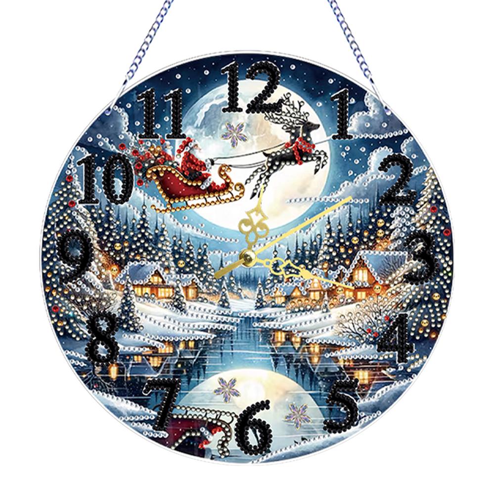 2D Flat DIY Xmas 5D Hanging Clock Art Craft Irregular Shaped Drilling Diamond Art Clock Pendant Kit for Living Room Decoration