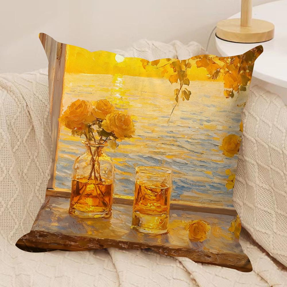 Warm Leisure Oil Painting Cushion Cover Silky Short Plush Invisible Zipper Dustproof Sofa Pillow Case For Home Decor