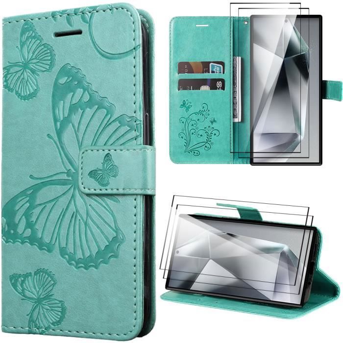 Coque de protection - booling - samsung galaxy s24 ultra - motif papillon - simili cuir - vert