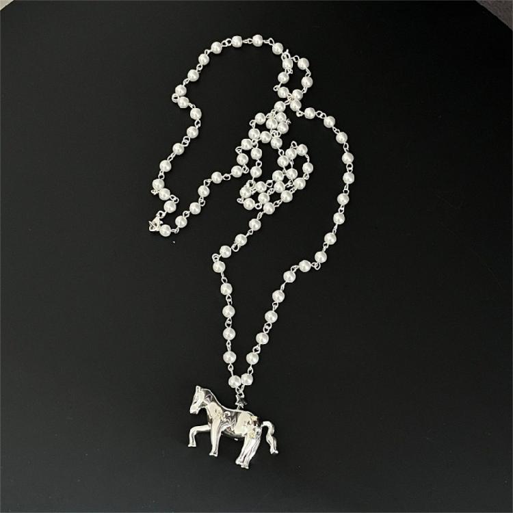 Long Chain Horse Pendant Pearls Necklace Designed for Easy Layering Alongside Other Chains in Fashion Styles