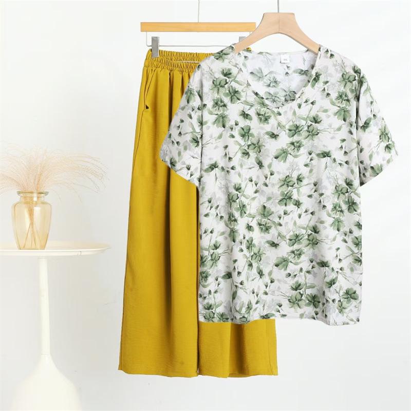 

Летний цветочный хлопково-шелковый костюм-двойка 2025: Топ с V-образным вырезом и брюки палаццо для женщин среднего и пожилого возраста 3XL