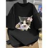 Cute Bow Cat Print T-Shirt Kawaii Kitten with Flowers Graphic Tee Casual Oversized Streetwear Top for Men Women